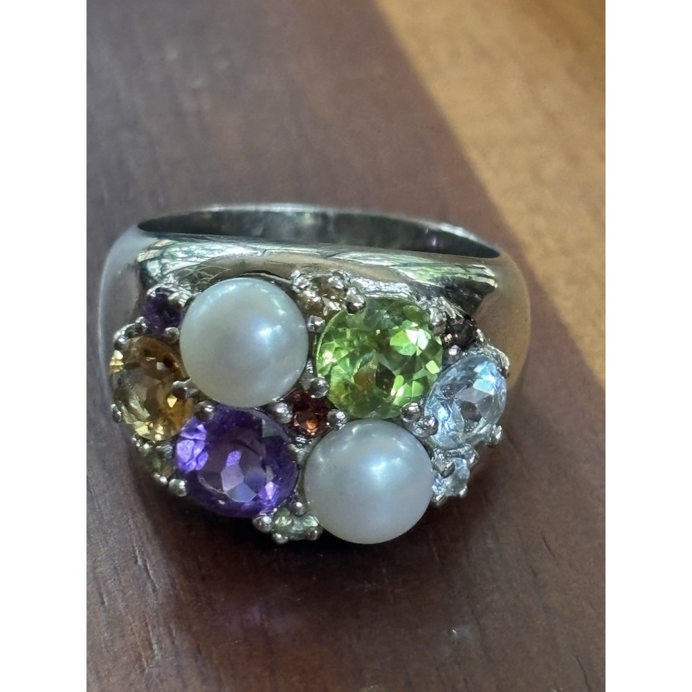 VINTAGE STERLING SILVER PERIDOT AMETHYST PEARL CITRINE GARNET RING SIZE 8.25
